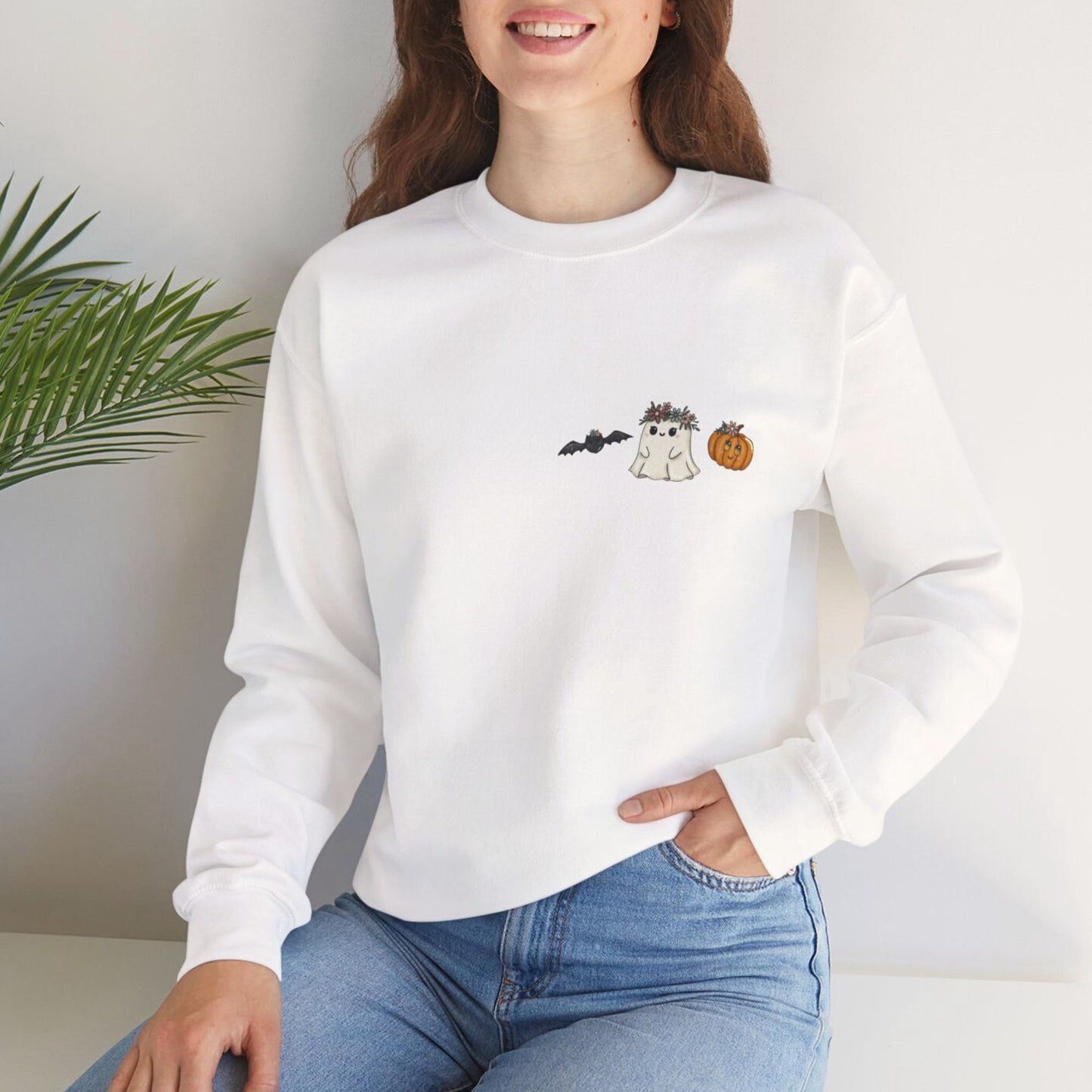 Whimsical Ghost & Pumpkin Crewneck Sweatshirt