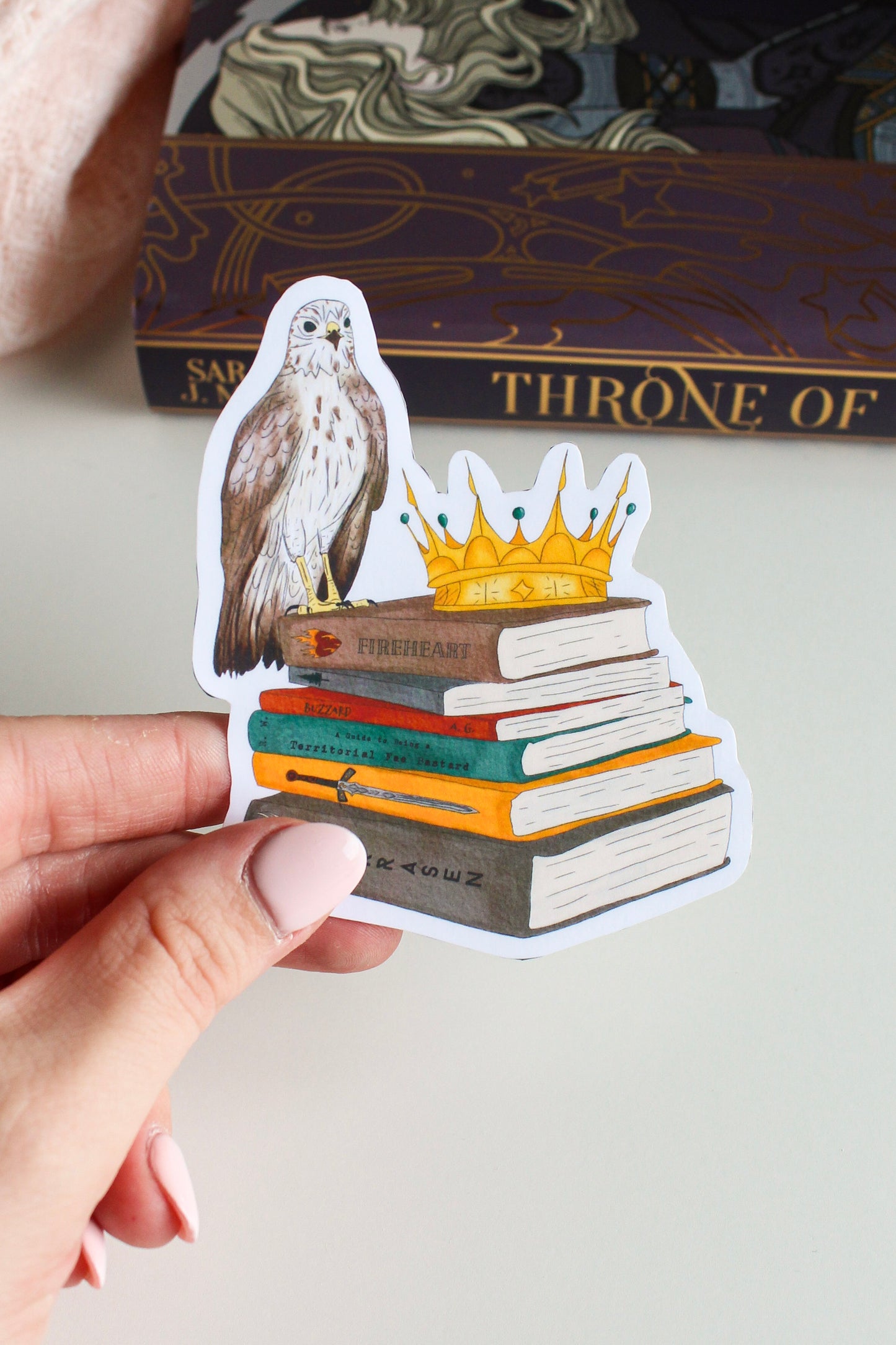 Hawk & Crown Book Stack Sticker – Whimsical Throne of Glass Inspired Design