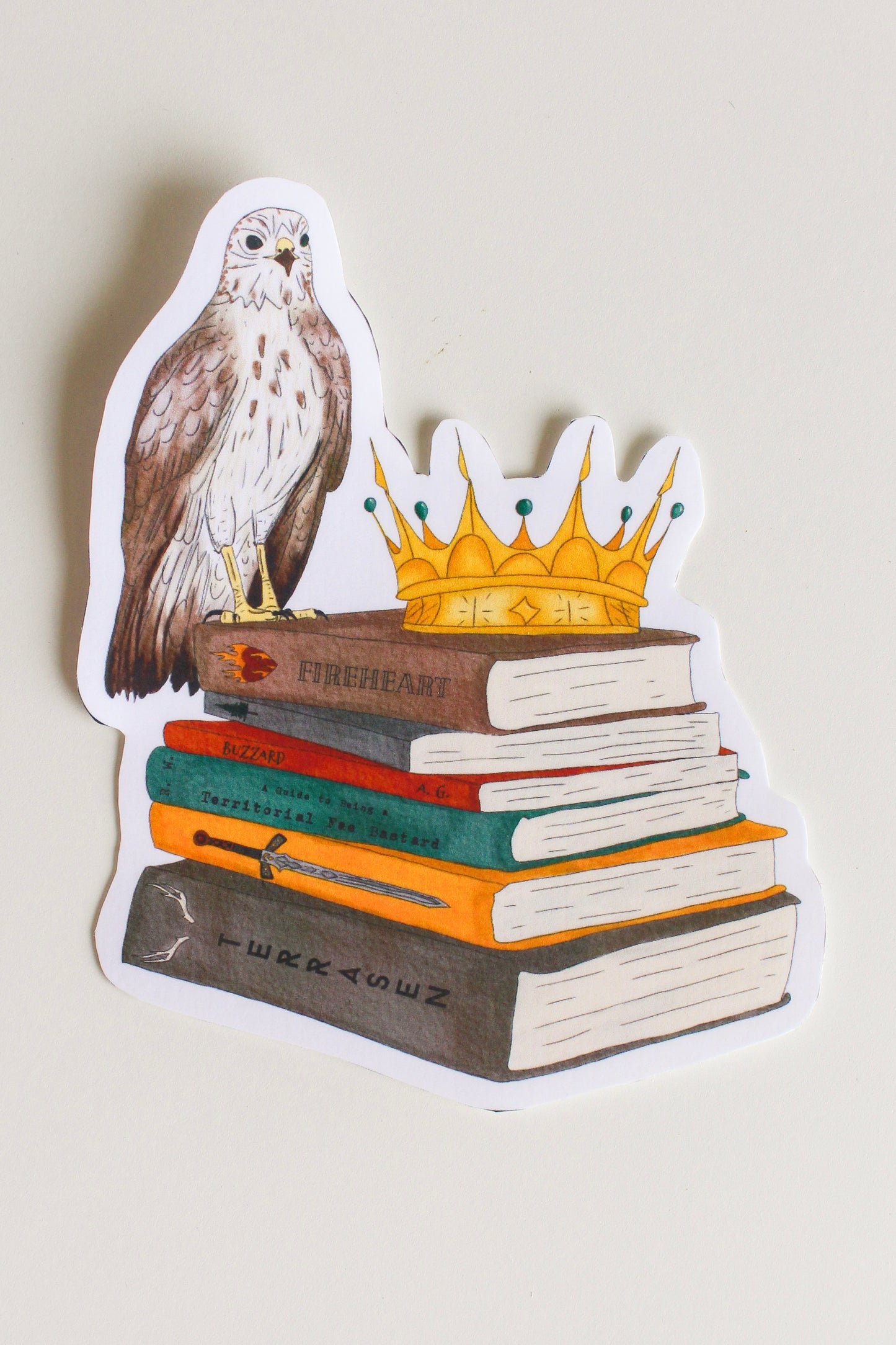 Hawk & Crown Book Stack Sticker – Whimsical Throne of Glass Inspired Design