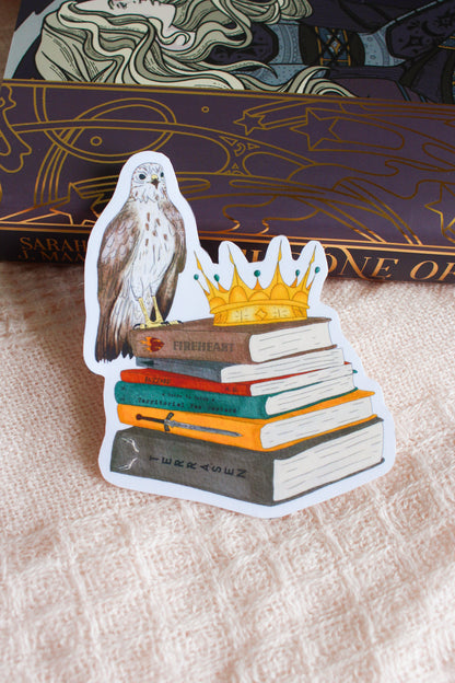 Hawk & Crown Book Stack Sticker – Whimsical Throne of Glass Inspired Design