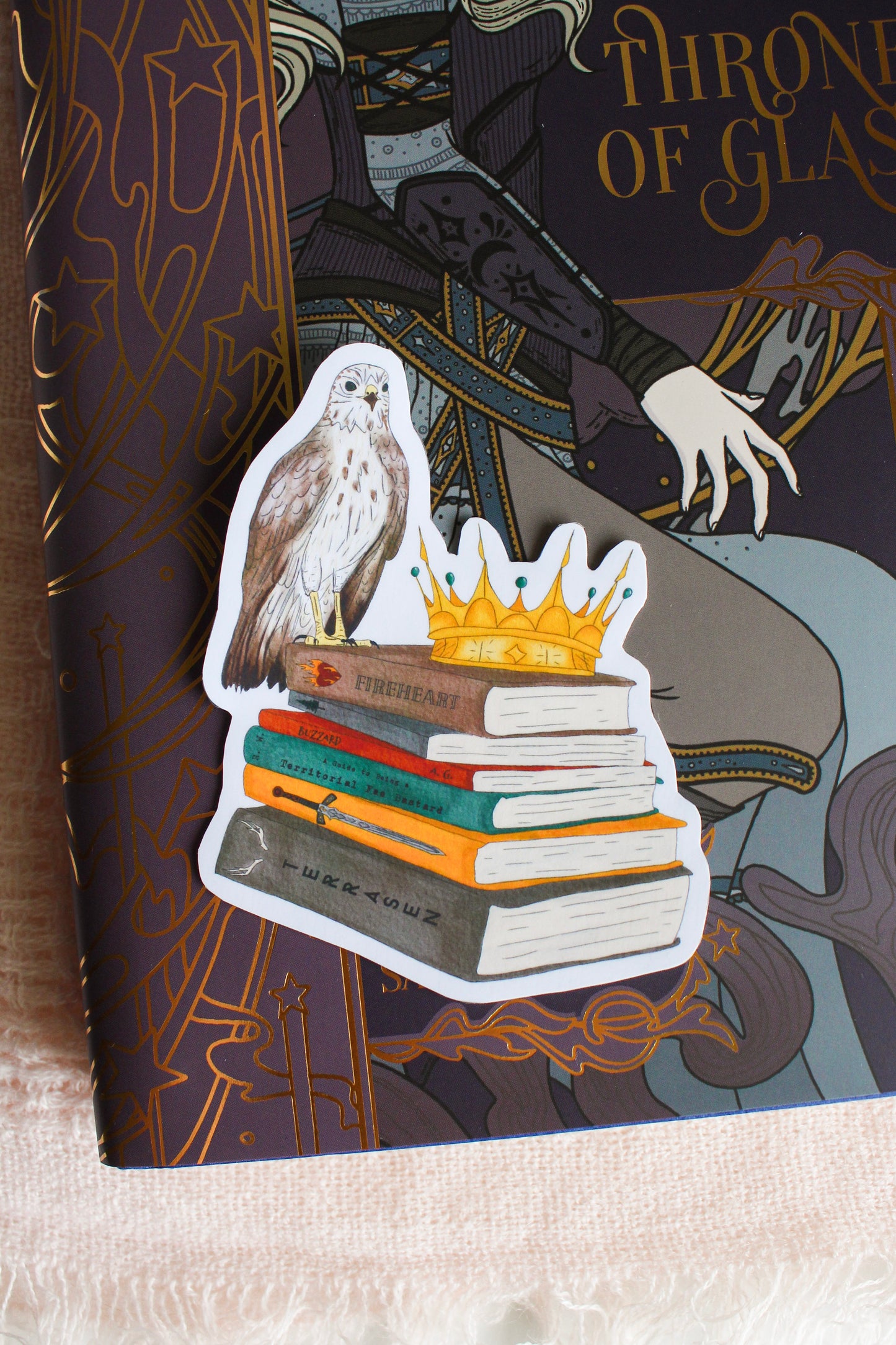 Hawk & Crown Book Stack Sticker – Whimsical Throne of Glass Inspired Design