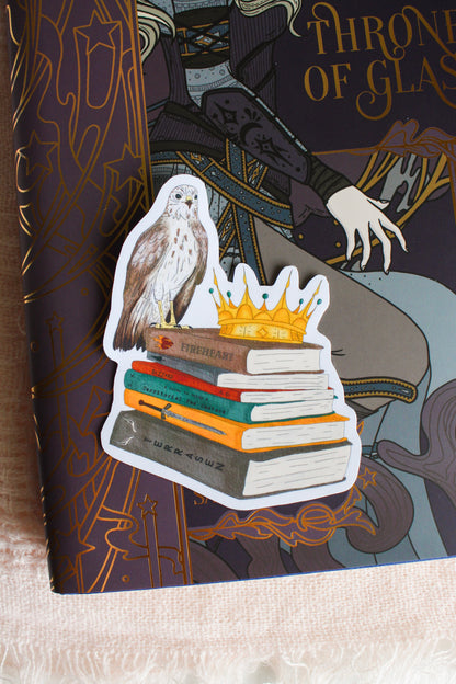 Hawk & Crown Book Stack Sticker – Whimsical Throne of Glass Inspired Design
