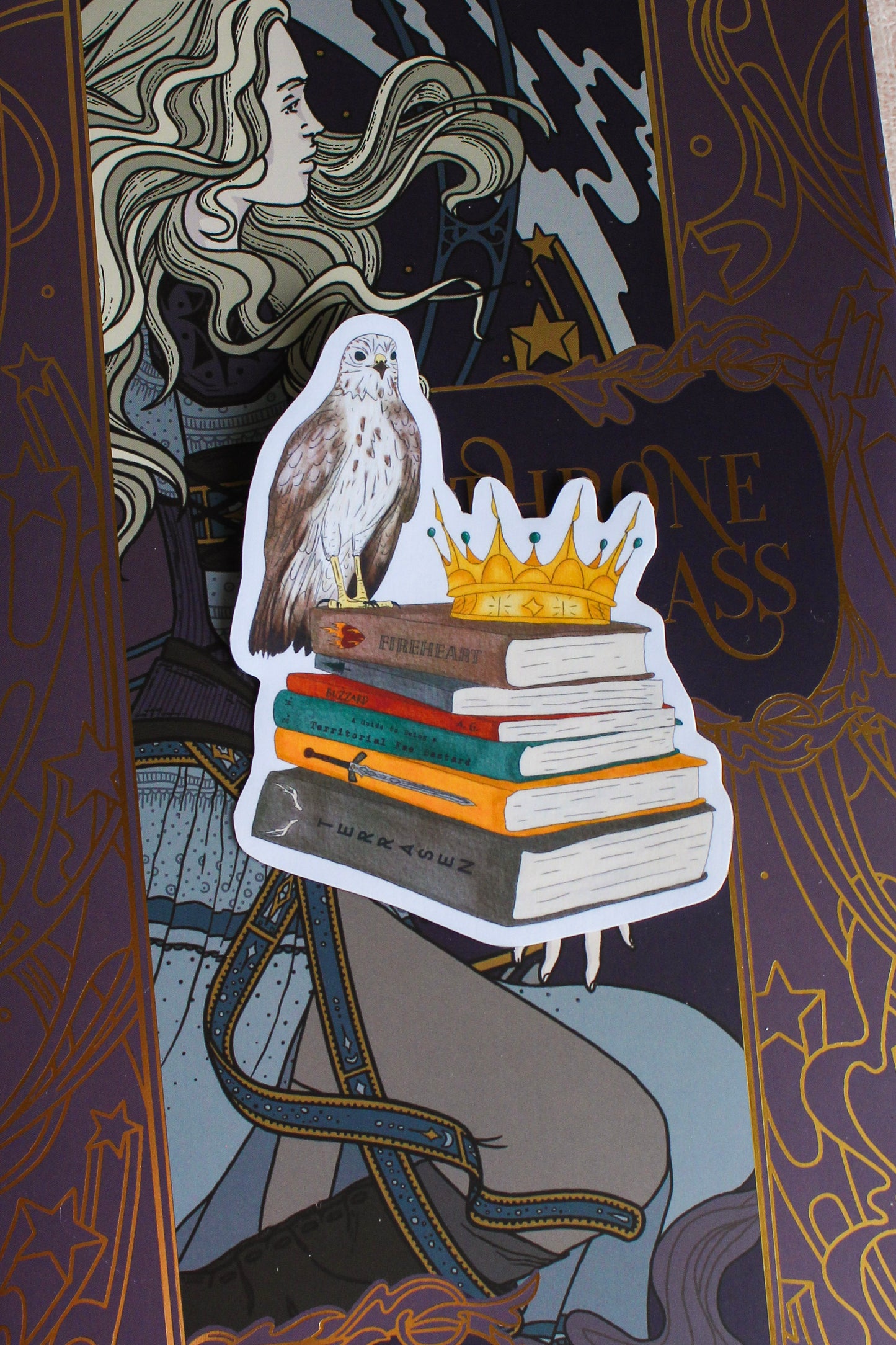 Hawk & Crown Book Stack Sticker – Whimsical Throne of Glass Inspired Design