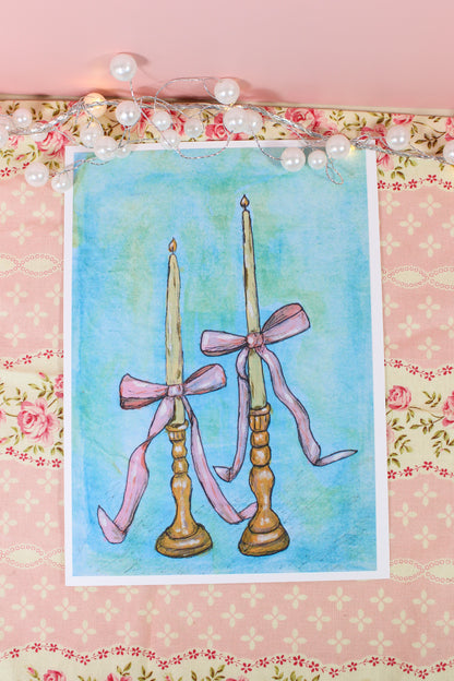 Watercolor Bow Candlesticks Art Print